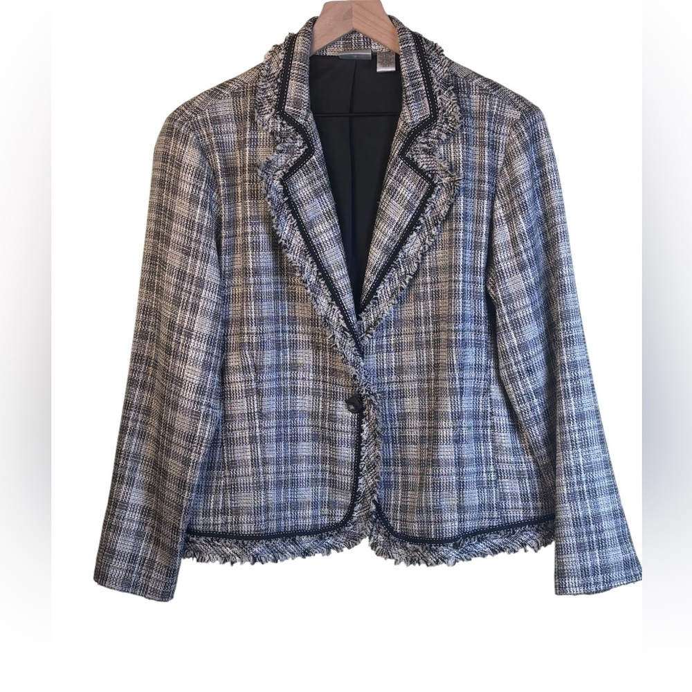 Chico’s Plaid Tweed Lady Jacket Blazer with Fringe Trim Size 2 (12/14) - Picture 1 of 4